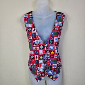 VTG 90s Christmas Vest Womens M Red Y2K Holiday Snowflake Cottagecore Grandma